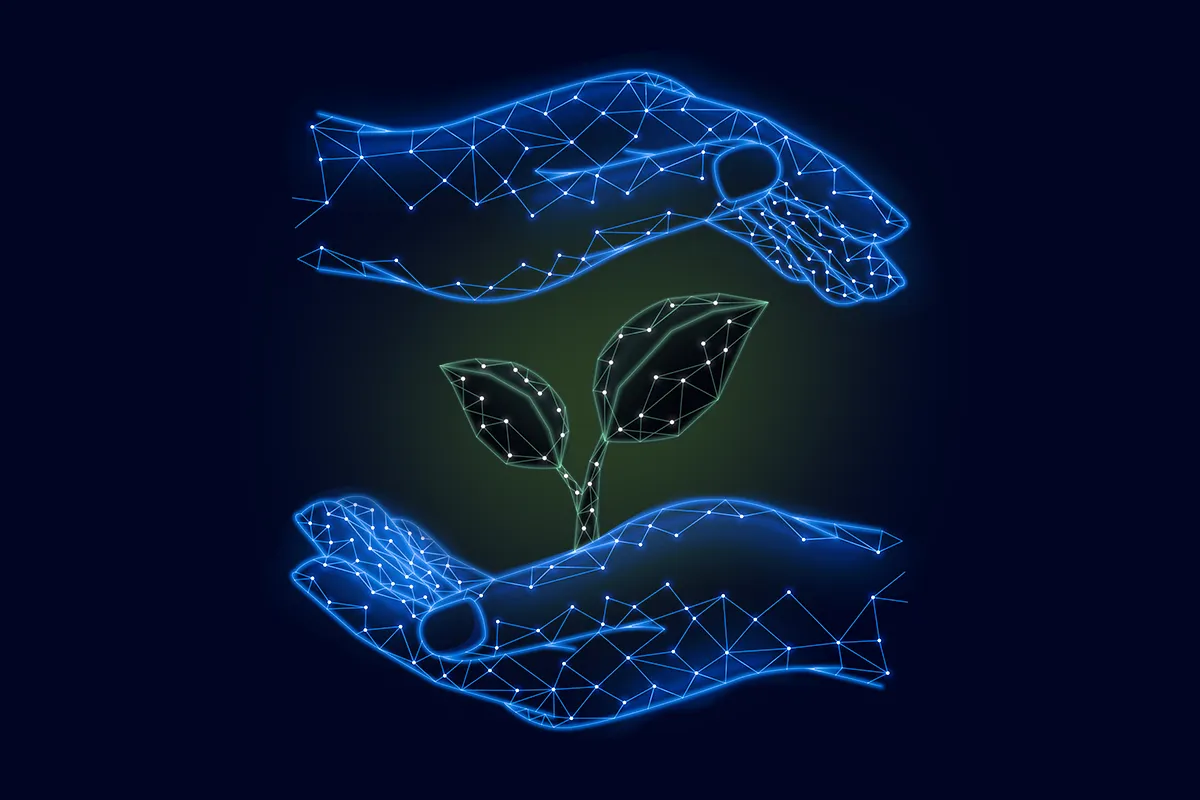 Digital illustration of hands made of blue connected lines cradling a plant, symbolizing sustainability and eco-friendly technology