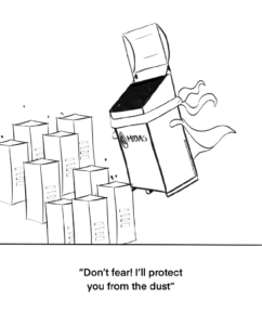 Cartoon of a MIDAS immersion cooling tank with a superhero cape protecting data servers from dust, captioned 'Don't fear! I'll protect you from the dust,' emphasizing clean and efficient cooling