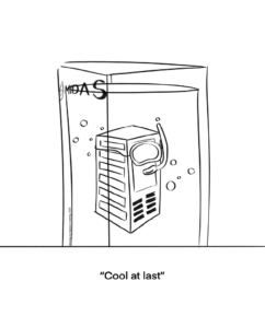 Cartoon of a server in a MIDAS immersion cooling tank with a snorkel and bubbles, captioned 'Cool at last,' emphasizing effective cooling solutions