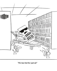 Cartoon of a server wearing sunglasses lying on a lounge chair in a data center with fans blowing, captioned 'It's too hot for just air,' illustrating the need for better cooling solutions