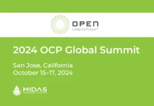 Event banner for the 2024 OCP Global Summit in San Jose, California from October 15-17, featuring MIDAS Immersion Cooling
