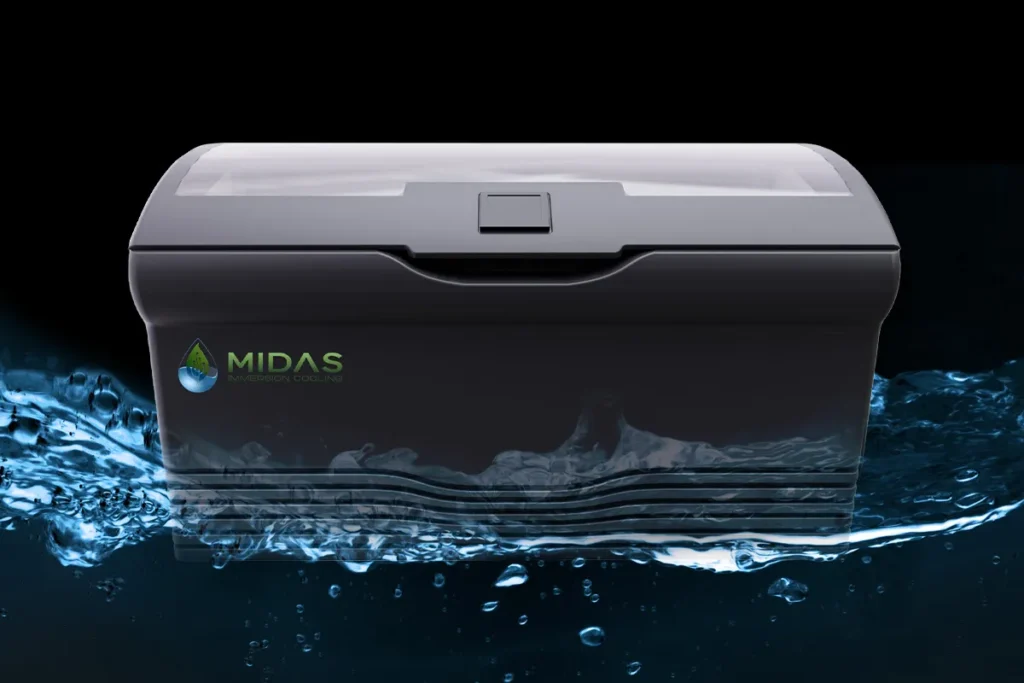 MIDAS immersion cooling system partially submerged in water, highlighting advanced cooling technology for data centers