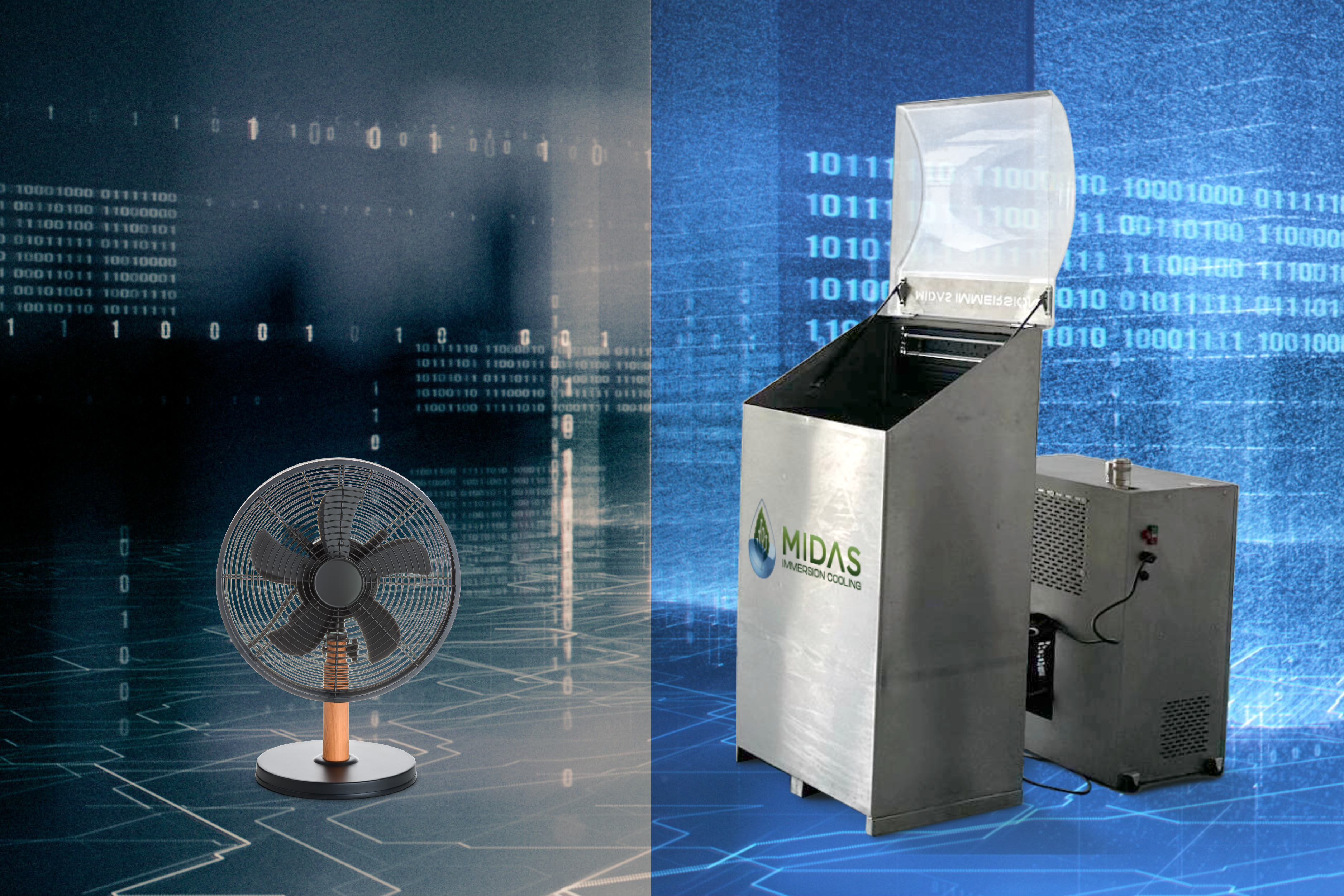 MIDAS Immersion Cooling System next to a cooling fan with binary code background representing advanced data center cooling technology
