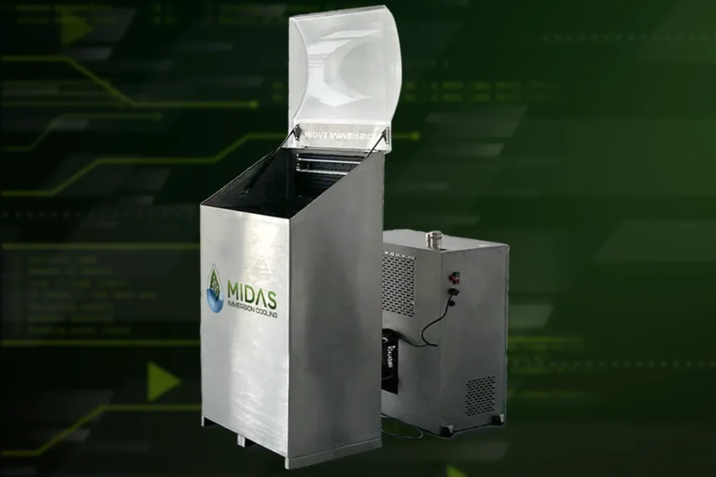 MIDAS immersion cooling system on a green background, highlighting advanced cooling technology for data centers