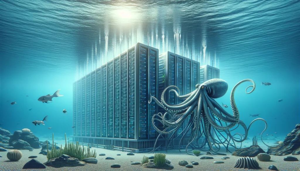 Underwater data center with an octopus and marine life, representing innovative underwater cooling technology and sustainability in data center operations