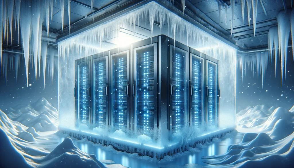 Server room encased in ice with blue glowing servers, representing advanced cooling technology and efficient data center operations in extreme conditions